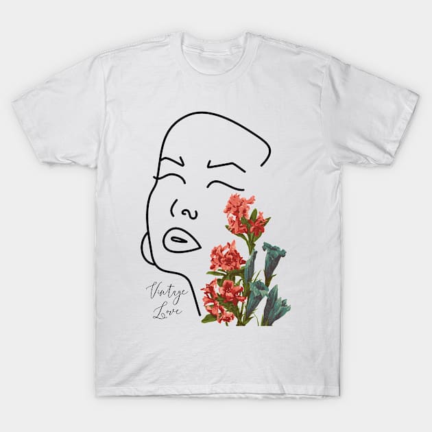 Retro floral woman face one line drawing blossom abstract hand drawn female face vintage love set T-Shirt by Modern Art